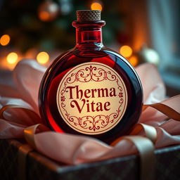 A round, vibrant red potion bottle with a beautifully designed label that reads 'Therma Vitae', elegantly positioned as a gift