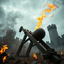 A dramatic scene of a scary wooden catapult, intricately detailed, loaded with a massive flaming stone, towering against a medieval stone tower
