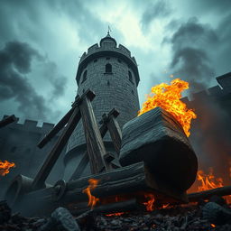 A dramatic scene of a scary wooden catapult, intricately detailed, loaded with a massive flaming stone, towering against a medieval stone tower