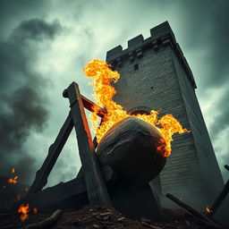 A dramatic scene of a scary wooden catapult, intricately detailed, loaded with a massive flaming stone, towering against a medieval stone tower