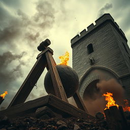 A dramatic scene of a scary wooden catapult, intricately detailed, loaded with a massive flaming stone, towering against a medieval stone tower