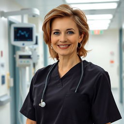 A sexy Russian nurse aged 45-50 with a stylish, trendy hairstyle
