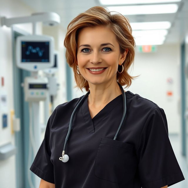 A sexy Russian nurse aged 45-50 with a stylish, trendy hairstyle