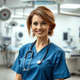 A sexy Russian nurse aged 45-50 with a stylish, trendy hairstyle