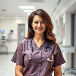 A sexy Russian nurse aged 45-50 with a fashionable, modern hairstyle