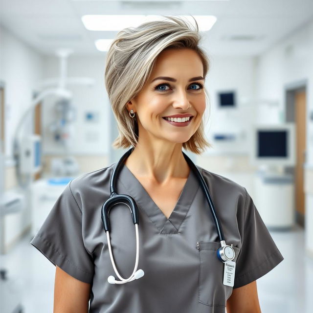 A sexy Russian nurse aged 45-50 with a fashionable, modern hairstyle