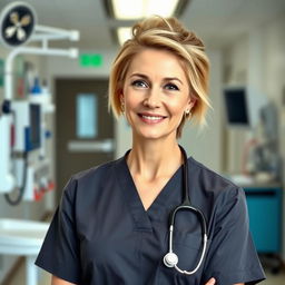 A sexy Russian nurse aged 45-50 with a fashionable, modern hairstyle