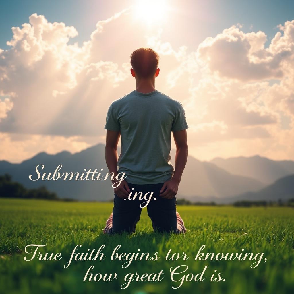 An inspirational and serene image showcasing a person in a peaceful outdoor setting, symbolizing submission to a higher power