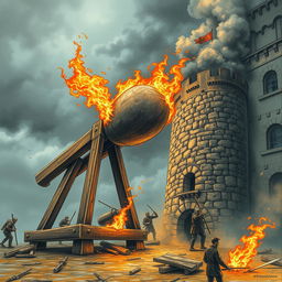 A striking scene featuring a scary wooden catapult, crafted with intricate details, fully loaded with a large flaming stone, positioned menacingly as it attacks a medieval stone tower