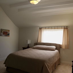 A comfortable 11 foot by 11 foot bedroom featuring a plush double bed.