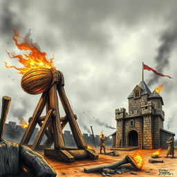 A striking scene featuring a scary wooden catapult, crafted with intricate details, fully loaded with a large flaming stone, positioned menacingly as it attacks a medieval stone tower