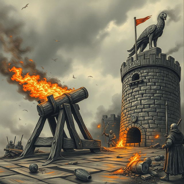 A striking scene featuring a scary wooden catapult, crafted with intricate details, fully loaded with a large flaming stone, positioned menacingly as it attacks a medieval stone tower