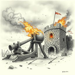 A striking scene featuring a scary wooden catapult, crafted with intricate details, fully loaded with a large flaming stone, positioned menacingly as it attacks a medieval stone tower