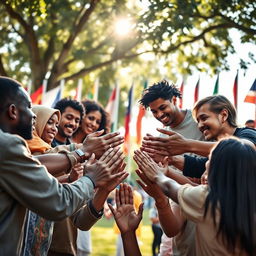 A powerful visual representation of national empathy, showcasing diverse individuals from various backgrounds coming together in a circle, with their hands symbolically joined or reached towards each other