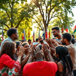 A powerful visual representation of national empathy, showcasing diverse individuals from various backgrounds coming together in a circle, with their hands symbolically joined or reached towards each other