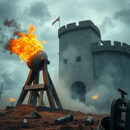 A large wooden catapult loaded with a massive fiery stone attacking a medieval tower on a cloudy day