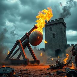 A large wooden catapult loaded with a massive fiery stone attacking a medieval tower on a cloudy day