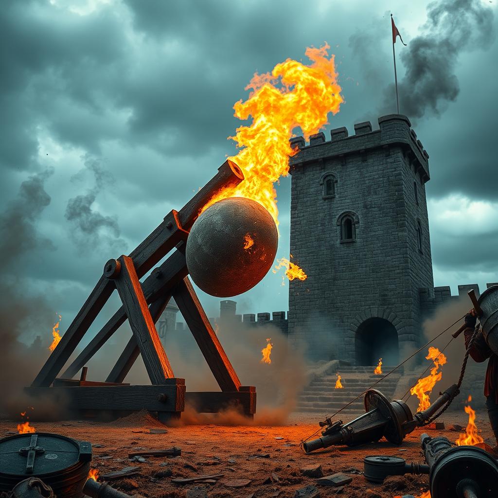 A large wooden catapult loaded with a massive fiery stone attacking a medieval tower on a cloudy day