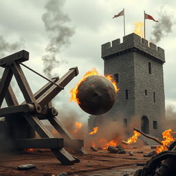 A large wooden catapult loaded with a massive fiery stone attacking a medieval tower on a cloudy day