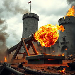 A large wooden catapult loaded with a massive fiery stone attacking a medieval tower on a cloudy day