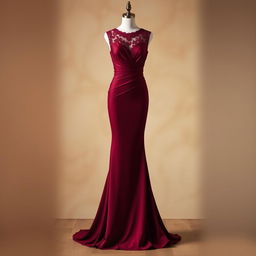 A beautifully designed dress in a rich maroon color, featuring elegant flowing fabric, delicate lace detailing around the neckline and sleeves, and a fitted bodice that flares out elegantly at the waist