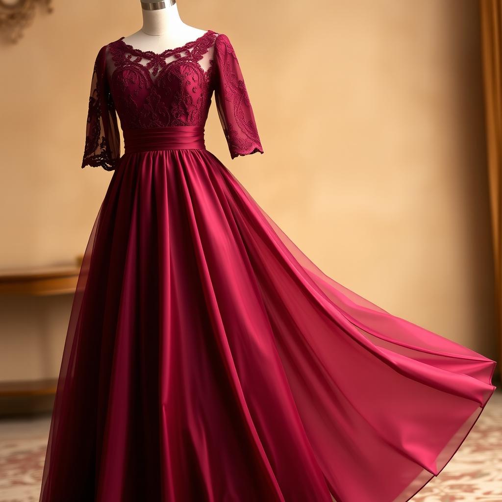 A beautifully designed dress in a rich maroon color, featuring elegant flowing fabric, delicate lace detailing around the neckline and sleeves, and a fitted bodice that flares out elegantly at the waist