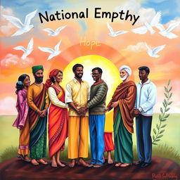 A colorful and vibrant painting representing national empathy, showcasing a diverse group of people from various cultural backgrounds standing together in harmony