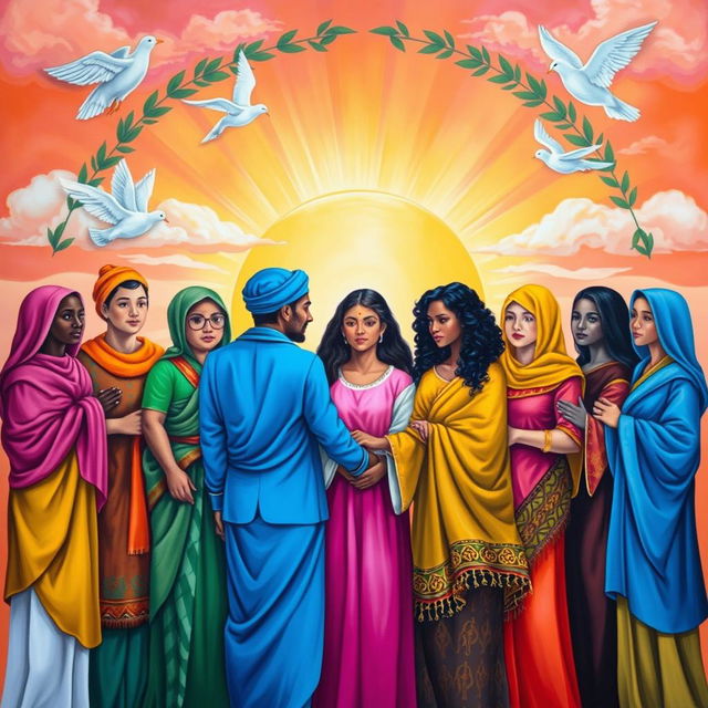 A colorful and vibrant painting representing national empathy, showcasing a diverse group of people from various cultural backgrounds standing together in harmony