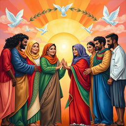 A colorful and vibrant painting representing national empathy, showcasing a diverse group of people from various cultural backgrounds standing together in harmony