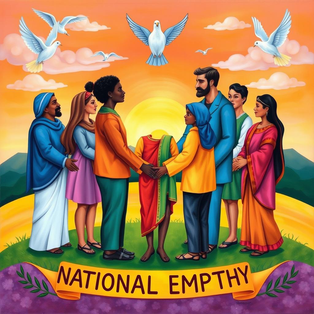 A colorful and vibrant painting representing national empathy, showcasing a diverse group of people from various cultural backgrounds standing together in harmony