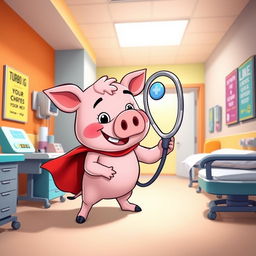 A whimsical scene depicting a cartoonish character named Turbo Pig in a hospital setting