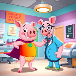 A whimsical scene depicting a cartoonish character named Turbo Pig in a hospital setting