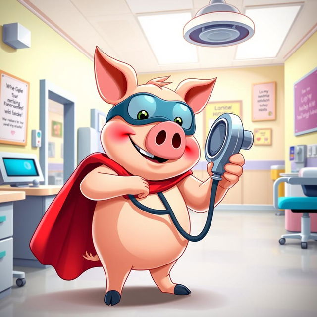 A whimsical scene depicting a cartoonish character named Turbo Pig in a hospital setting
