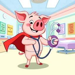 A whimsical scene depicting a cartoonish character named Turbo Pig in a hospital setting