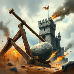 A large wooden catapult, intricately designed, is loaded with a massive stone, poised to attack a medieval tower