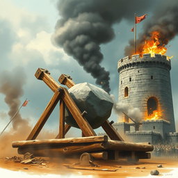A large wooden catapult, intricately designed, is loaded with a massive stone, poised to attack a medieval tower
