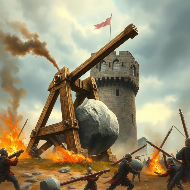 A large wooden catapult, intricately designed, is loaded with a massive stone, poised to attack a medieval tower
