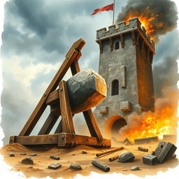 A large wooden catapult, intricately designed, is loaded with a massive stone, poised to attack a medieval tower