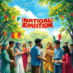 A vibrant and emotionally resonant painting symbolizing national empathy, depicting people from diverse backgrounds coming together in harmony