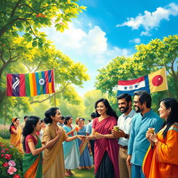A vibrant and emotionally resonant painting symbolizing national empathy, depicting people from diverse backgrounds coming together in harmony