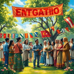 A vibrant and emotionally resonant painting symbolizing national empathy, depicting people from diverse backgrounds coming together in harmony