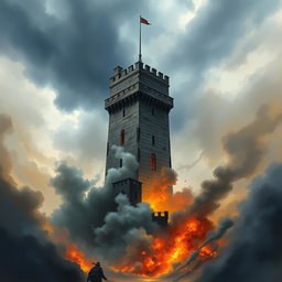 A dramatic medieval tower set against a stormy, cloudy sky