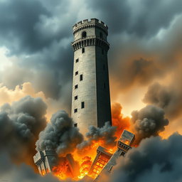 A dramatic medieval tower set against a stormy, cloudy sky