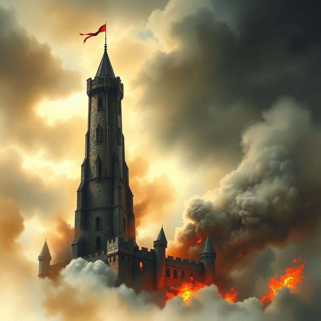 A dramatic medieval tower set against a stormy, cloudy sky