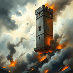 A dramatic medieval tower set against a stormy, cloudy sky