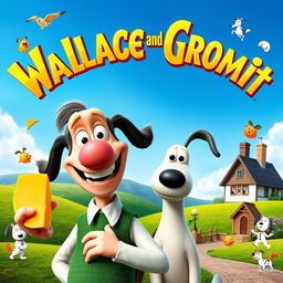 A vibrant movie poster featuring Wallace and Gromit, styled like a classic animated film advertising