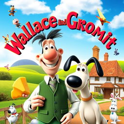 A vibrant movie poster featuring Wallace and Gromit, styled like a classic animated film advertising