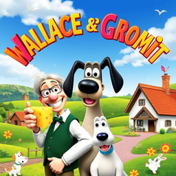 A vibrant movie poster featuring Wallace and Gromit, styled like a classic animated film advertising