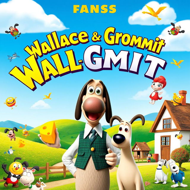 A vibrant movie poster featuring Wallace and Gromit, styled like a classic animated film advertising