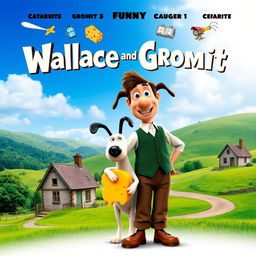 A charming movie poster showcasing Wallace and Gromit, depicted in a playful animated film style
